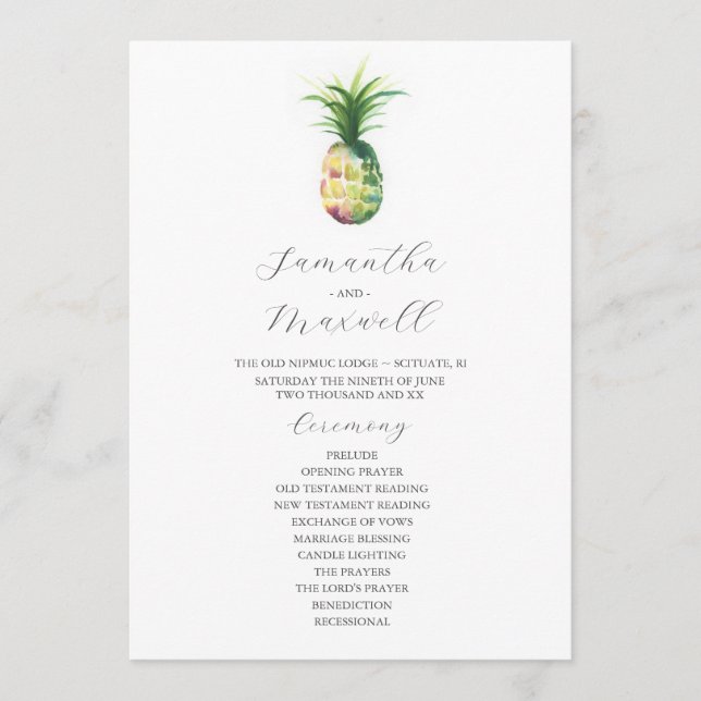 Tropical Wedding Programs Watercolor Pineapple (Front)