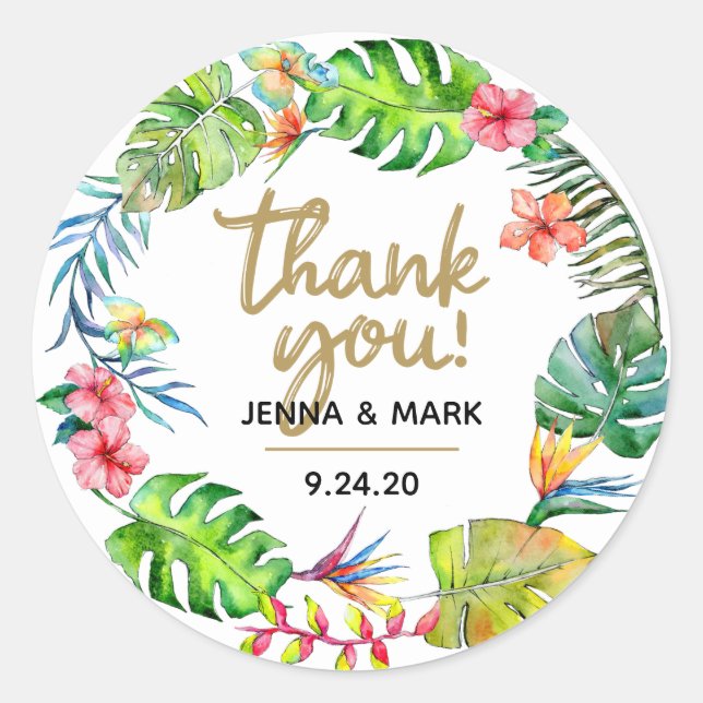 Tropical Wedding | Thanks Party Favour Stickers (Front)