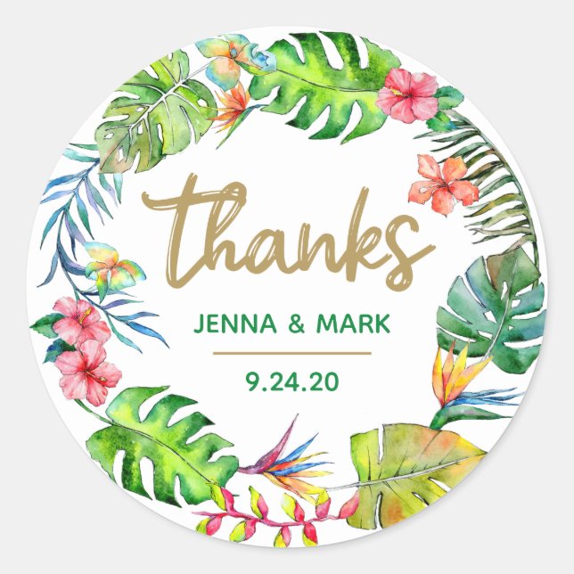 Tropical Wedding | Thanks Party Favour Stickers (Front)