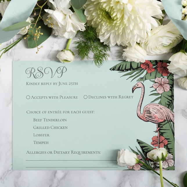 Tropical Wedding Turquoise RSVP Card (Elegant & Chic Turquoise Floral Flamingo Tropical, Summer or Beach Wedding RSVP Response Card. )