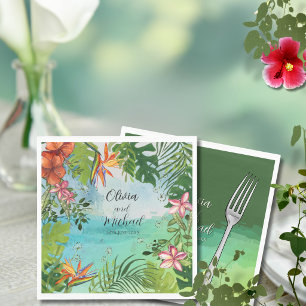 Tropical Wedding Watercolor Hibiscus Palm Green Napkin