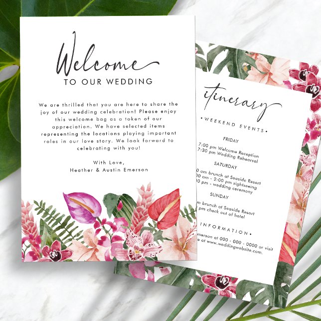 Tropical Wedding Welcome Letter (Tropical Floral Wedding Welcome Letter Itinerary by Painted Paperie
)