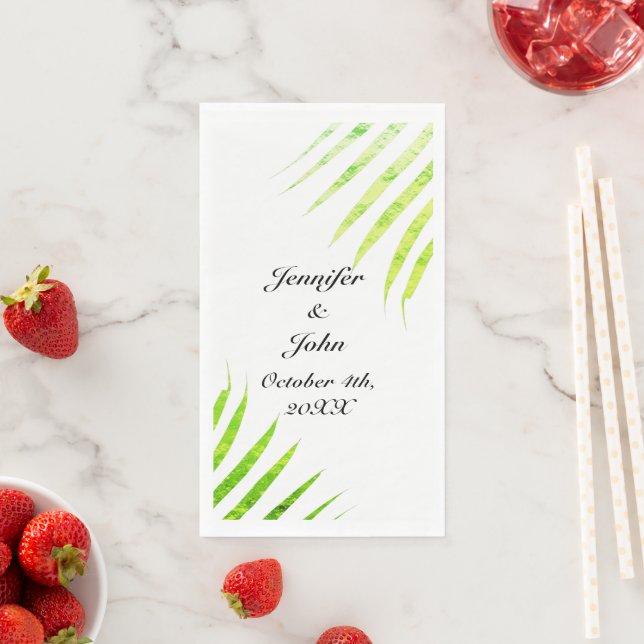 Tropical Weddings Glittery Green Palm Tree Leaf  Napkin (Insitu)
