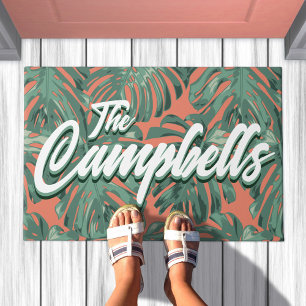 Tropical Welcome Green Orange Monstera Leaves Name Doormat