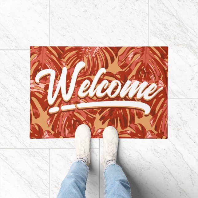 Tropical Welcome Orange Monstera Leaves Beach Doormat (Indoor)