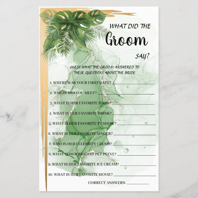 Tropical What Groom say Bridal Shower Game Card (Front)