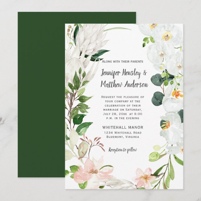 Tropical White Blush Orchids Magnolias Wedding Invitation (Front/Back)