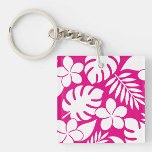 Tropical White Flowers on a Bright Pink Background Keychain
