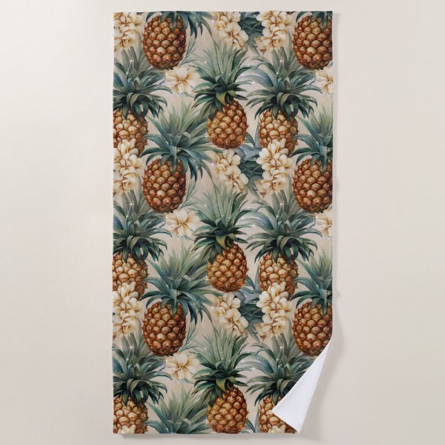 Tropical White Flowers Pineapples Beach Towel (Front)