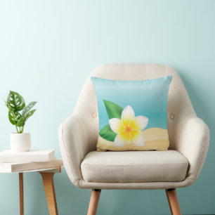 Tropical White Frangipani Flower Beach Theme Throw Pillow