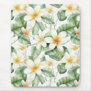Tropical White Frangipani Flower Patterned Desk Mouse Pad