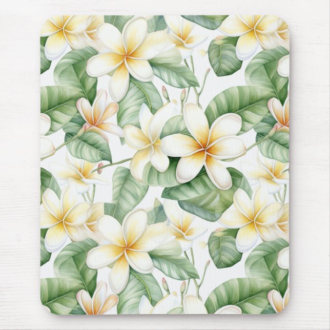 Tropical White Frangipani Flower Patterned Desk Mouse Pad (Front)