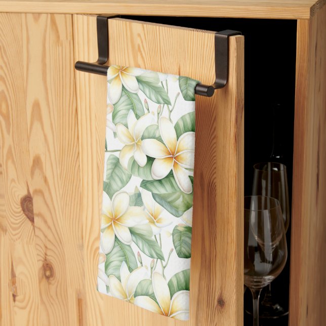 Tropical White Frangipani Flower Patterned Kitchen Towel (Thirds Fold)
