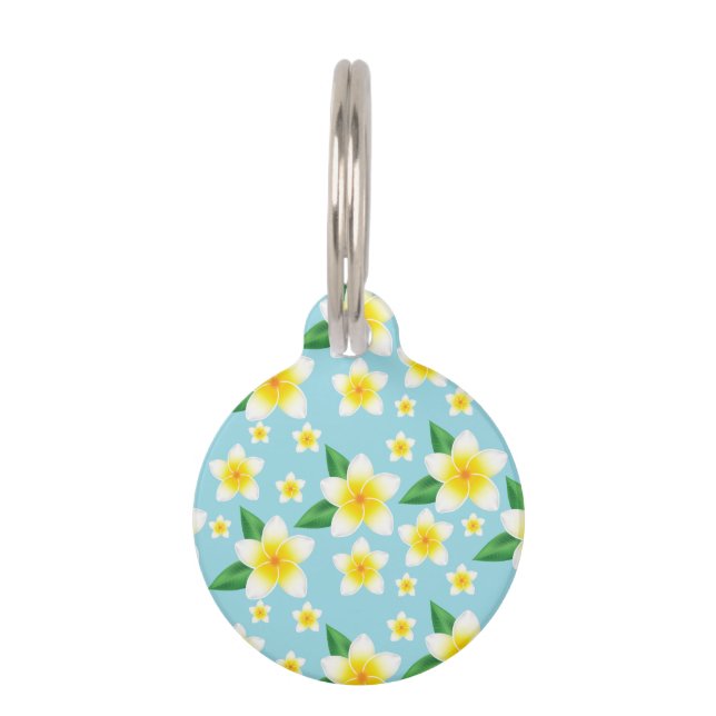 Tropical White Frangipani Flowers & Custom Info Pet Tag (Front)