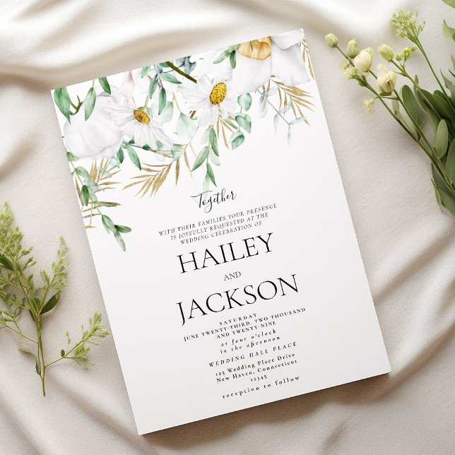 Tropical white gold mint daisies floral wedding invitation (Tropical white gold mint daisies floral wedding )