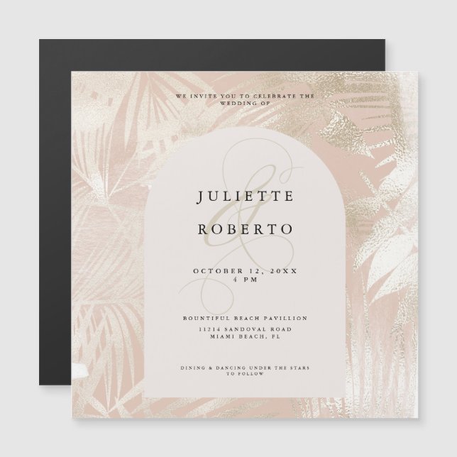 Tropical White/Gold Palm Leaf Summer Wedding Photo Magnetic Invitation (Front/Back)