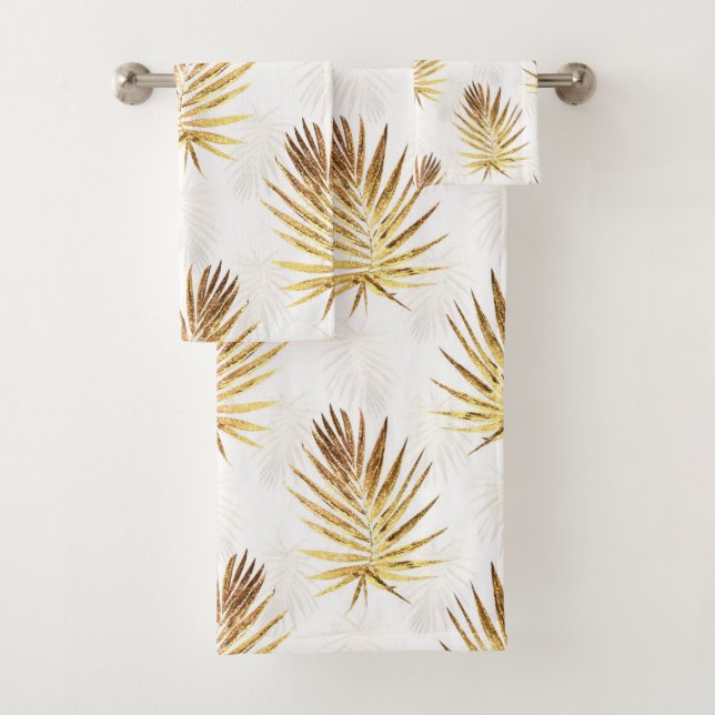 Tropical White Gold Palm Leaves Greenery Bath Towel Set (Insitu)