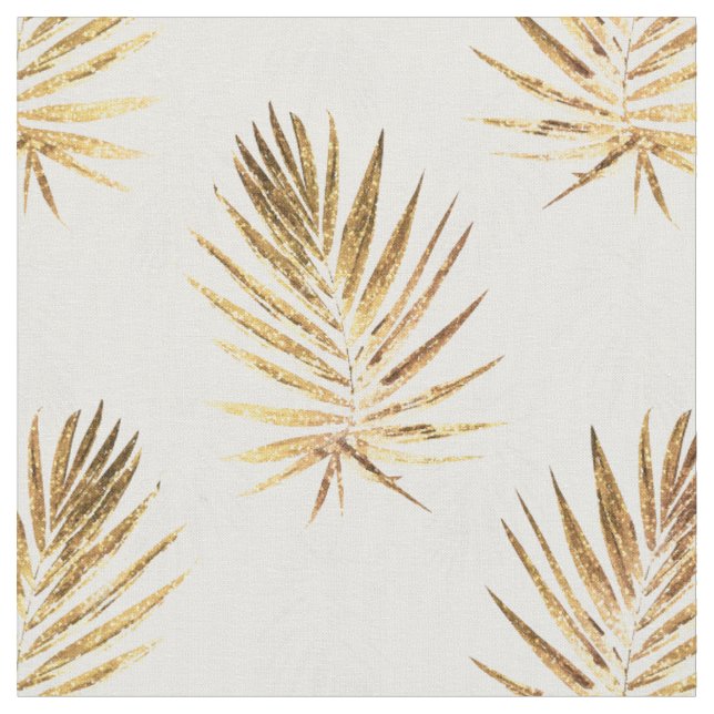 Tropical White Gold Palm Leaves Greenery Fabric (Close Up)