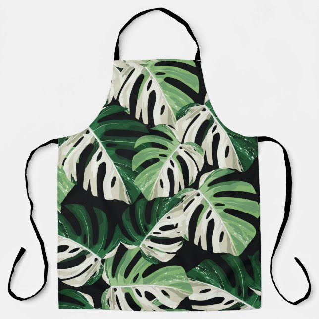 Tropical white green monstera leaf illustration. E Apron (Front)