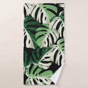 Tropical white green monstera leaf illustration. E Bath Towel