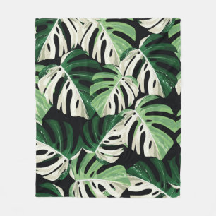 Tropical white green monstera leaf illustration. E Fleece Blanket
