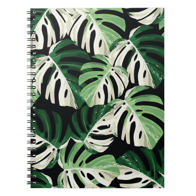 Tropical white green monstera leaf illustration. E Notebook (Front)
