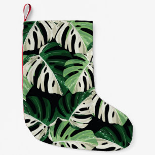 Tropical white green monstera leaf illustration. E Small Christmas Stocking