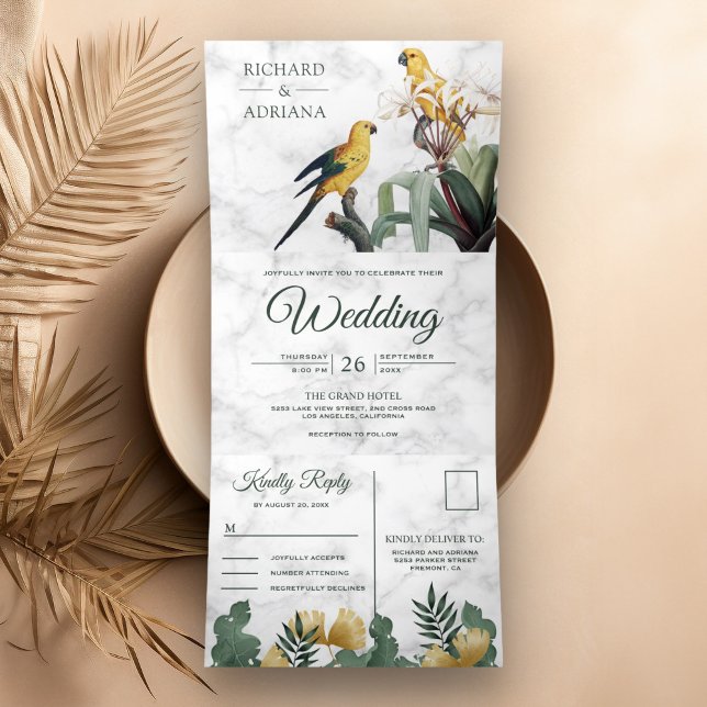 Tropical White Marble Yellow Parrot Couple Wedding Tri-Fold Invitation (Creator Uploaded)