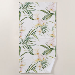 Tropical White Orchid Flowers   Beach Towel