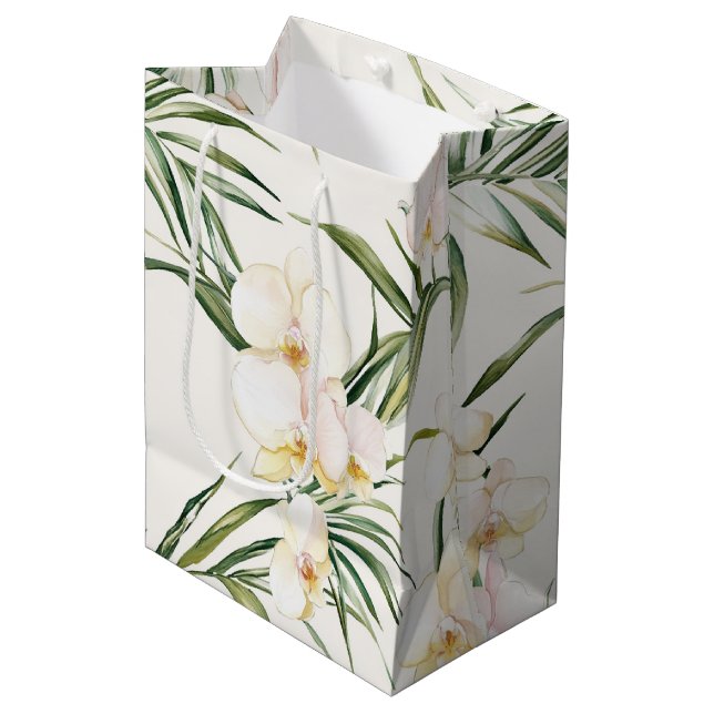 Tropical White Orchid Flowers Bridal Shower Medium Gift Bag (Front Angled)