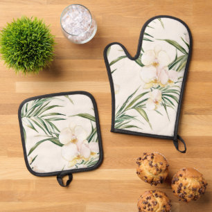 Tropical White Orchid Flowers Bridal Shower Oven Mitt & Pot Holder Set