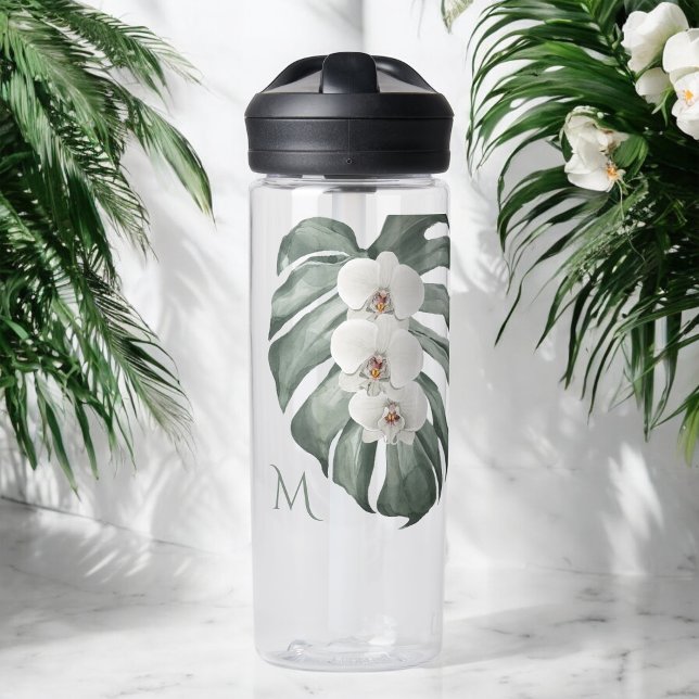 Tropical White Orchids on Monstera with Monogram Water Bottle (Personalize with any monogram initial. Makes a great gift!)