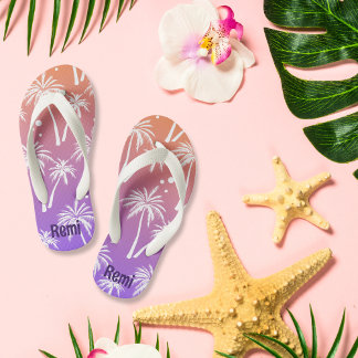 Tropical White Palm Tree Orange and Purple Custom Kid's Flip Flops