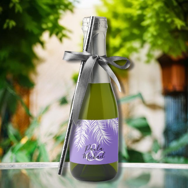 Tropical White Palm Trees on Purple Mini Sparkling Wine Label (White palm tree fronds on purple mini sparkling wine labels personalized for your wedding)