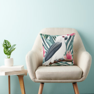 Tropical White Parrot Bird Pattern Throw Pillow