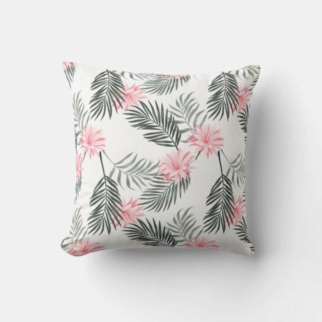 Tropical white pink grey palm tree leaves modern throw pillow (Front)