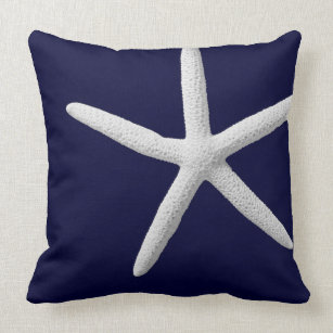 Tropical White Starfish on Navy Blue Beach Throw Pillow
