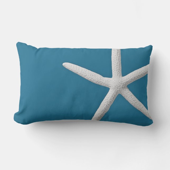 Tropical White Starfish on Teal Beach Lumbar Pillow (Front)