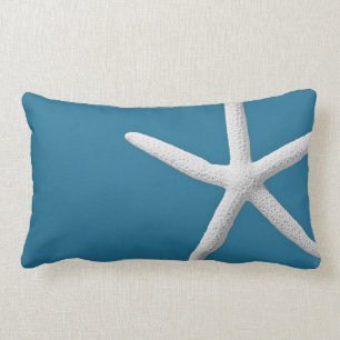 Tropical White Starfish on Teal Beach Lumbar Pillow
