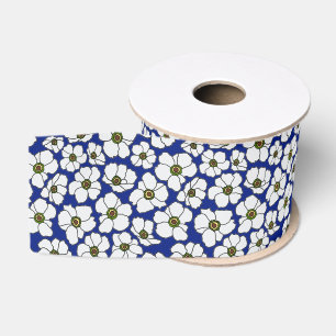 Tropical White Wildflowers On Blue Grosgrain Ribbon