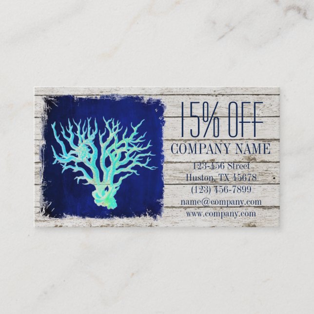 tropical whitewashed wood nautical coral reef business card (Front)