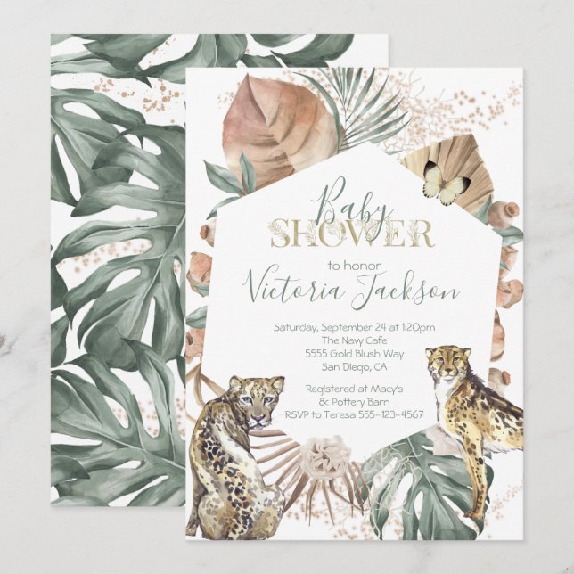 Tropical Wild Animal Palm Gold Baby Shower Invitation (Front/Back)