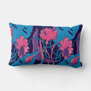 Tropical Wild Flowers Blue Pink Modern Exotic Lumbar Pillow
