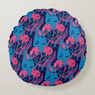 Tropical Wild Flowers Blue Pink Modern Exotic Round Pillow