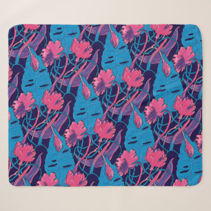 Tropical Wild Flowers Blue Pink Modern Exotic Sherpa Blanket