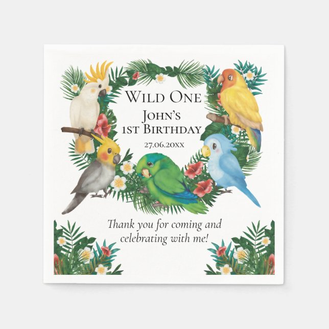 Tropical Wild One Exotic Parrots Greenery Birthday Napkin (Front)