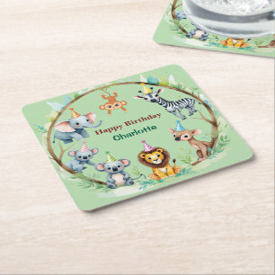 Tropical Wild One Jungle Safari Animals Birthday  Square Paper Coaster