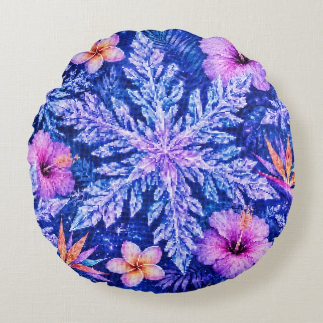 Tropical Winter Snowflakes Round Pillow (Front)