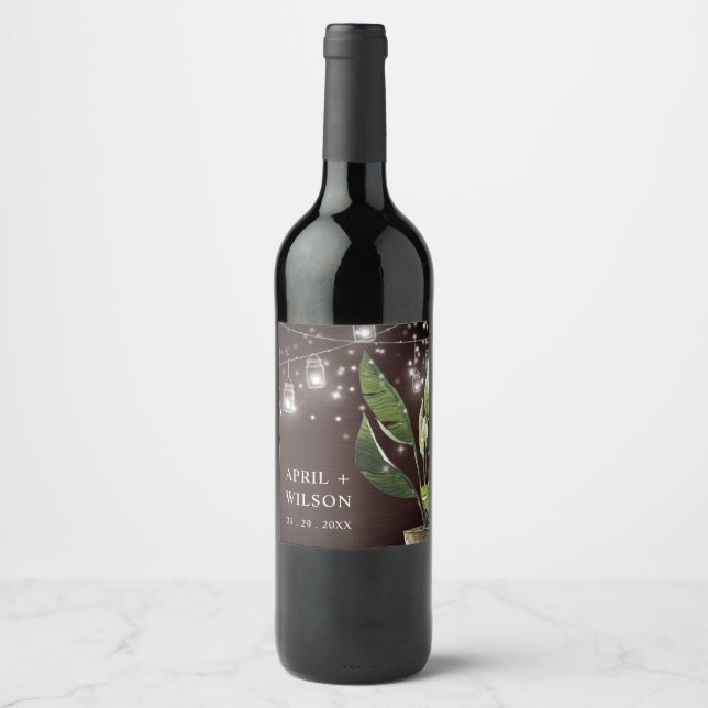 TROPICAL WOOD PALM STARRY NIGHT MASON JAR WEDDING WINE LABEL (Front)