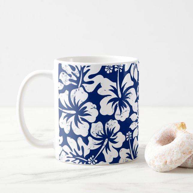 Tropical worn white hibiscus coffee mug (With Donut)